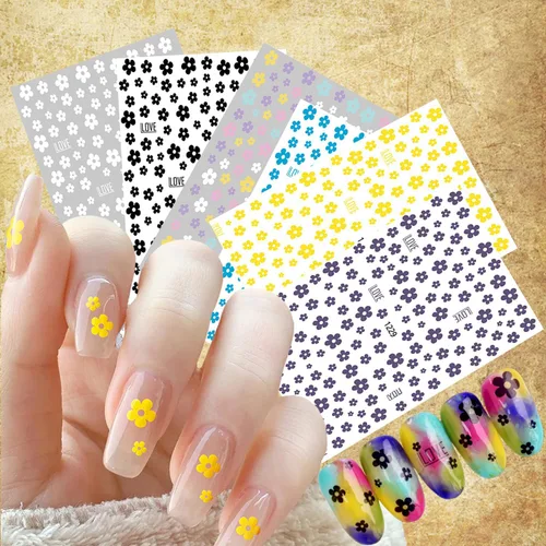 6 hojas de calcomanías de arte de uñas de flores de verano 3D, calcomanías autoadhesivas para uñas, diseño de arte blanco, amarillo, azul, negro,