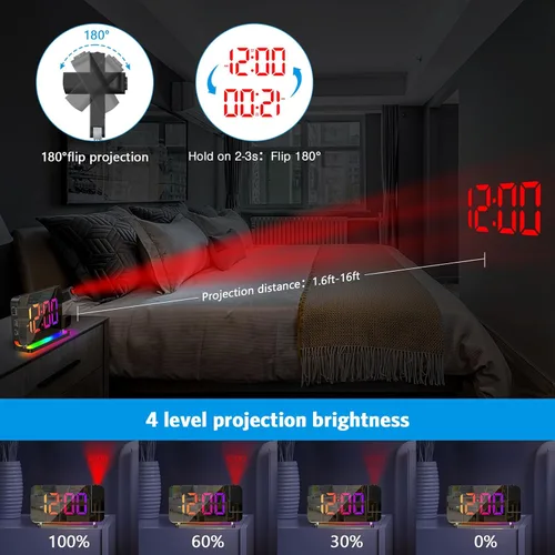 Vista 2 de AMIR Reloj despertador de proyección, reloj despertador de espejo LED de 7 pulgadas para dormitorios, reloj digital con luz nocturna de 10