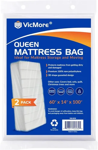 Vista 12 de VICMORE Paquete de 2 bolsas de colchón tamaño individual para mudanza y almacenamiento, bolsas de plástico transparente de 1.5 mil, protección