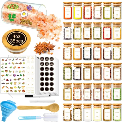 BGraceyy Tarros de especias con etiquetas, 35 tarros de especias de vidrio de 4 onzas con tapas de bambú, recipientes herméticos apilables