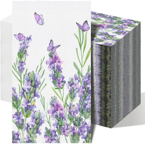 Vista 9 de Geyoga 200 servilletas de lavanda de 2 capas de flores de lavanda moradas, toallas de mano desechables, servilletas de papel decorativas para baño