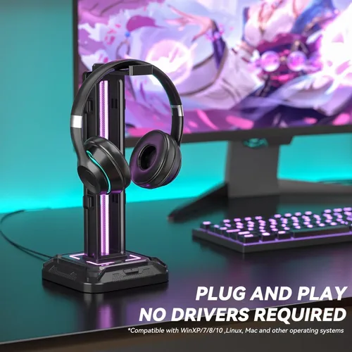 Vista 2 de KDD RGB Headset Stand with 9 Light Modes - Controller Holder for Desk - Rotatable Headphone Stand & Detachable Controller Hook for PC Earphone