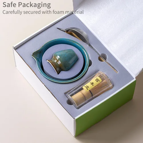 Vista 8 de Juego tradicional de ceremonia de té Matcha con cuenco de cerámica, batidor de bambú, soporte y colador, 5 piezas (azul)