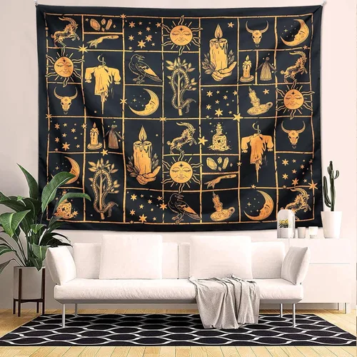 Vista 4 de ARTCREATOR Tapiz de bruja negra y dorada, decoración de pared de bruja, decoración estética para colgar en la pared para sala de estar y dormitorio