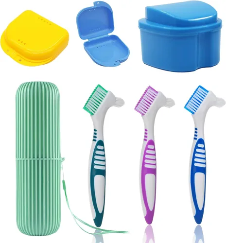 Vista 7 de Kit de 7 piezas de cepillo para dentadura postiza, herramientas de limpieza de dientes falsos con 3 cepillos, 2 retenedores y cajas de baño con caja