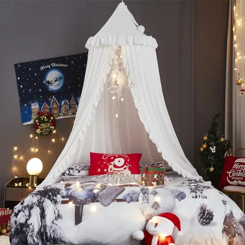 Vista 19 de VETHIN Toldo de cama para niños con luces, doble capa de cúpula redonda de princesa para niños, mosquitera de ensueño, habitación de niñas