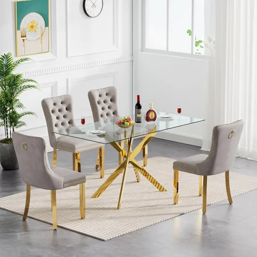 Vista 13 de Juego de 4 mesas de comedor modernas de 36 pulgadas, mesa de comedor redonda de vidrio templado y 4 sillas de comedor de terciopelo beige, mesa