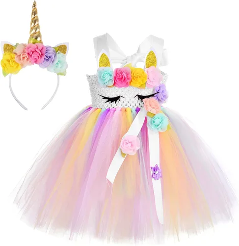 MJartoria Disfraz de unicornio para niñas disfraz de princesa de unicornio con diadema vestidos de unicornio arcoíris para niñas pequeñas de 1 a 6