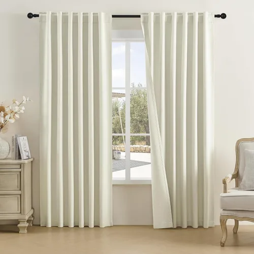 Vista 17 de DUALIFE - Cortinas de lino opacas beige de 54 pulgadas de largo, con pestaña trasera y bolsillo para cortinero, cortinas estrechas para dormitorio