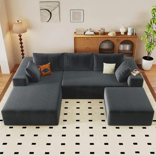 Vista 21 de Sofá modular Cloud de 95 pulgadas con otomana, moderno sofá nube en forma de U con asiento profundo, cómodo sofá de pana de 3 plazas, sofá de espuma