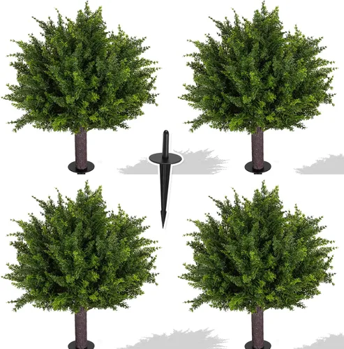 Árboles topiarios artificiales de ciprés de 24.5 pulgadas con tronco de madera realista y hojas sintéticas resistentes a los rayos UV, juego de 4