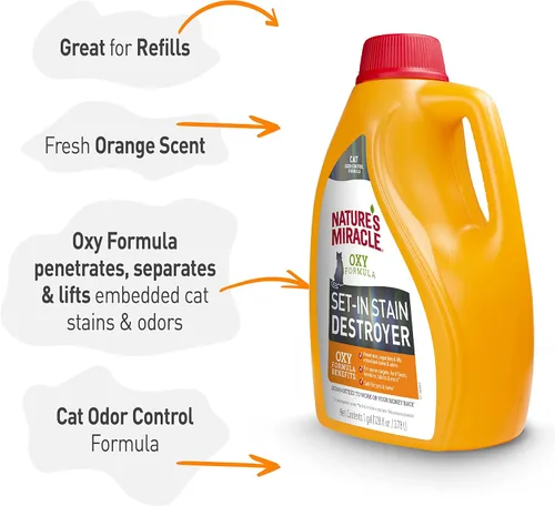Vista 6 de Nature's Miracle Destructor de manchas instalado, 1 galón, para desorden de gatos, fórmula Oxy con aroma a naranja