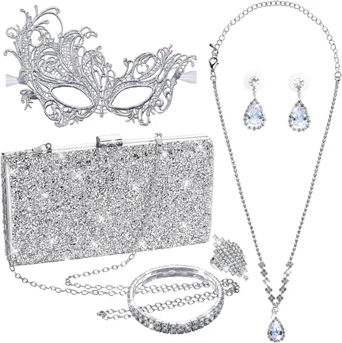 Juego de 5 piezas de máscara para mujer, joyería de cristal con diamantes de imitación, bolsa de embrague con purpurina, máscaras de encaje, collar