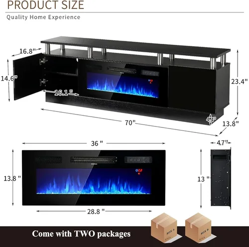 Vista 2 de oneinmil Soporte de consola de TV de 2 niveles con chimenea eléctrica de 36 pulgadas, centro de entretenimiento con luz LED para televisores