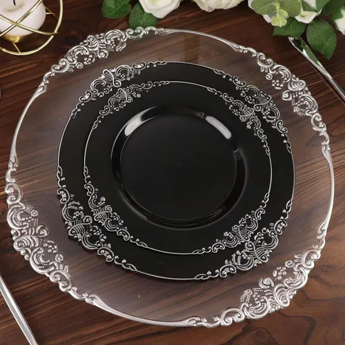 Vista 44 de Efavormart - Paquete de 10 platos redondos de plástico para ensalada de postre de 8 pulgadas, color negro/dorado, vajilla desechable con borde
