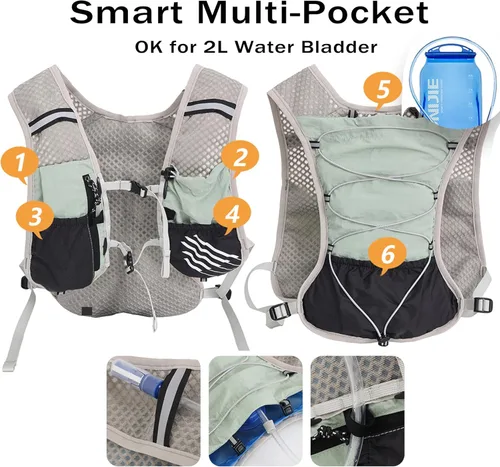 Vista 6 de Hydration Running Vest for Women Men, Water Vest Backpack 2L, Lightweight Hydration Pack Water Backpack for Hiking, Trail Marathon Race