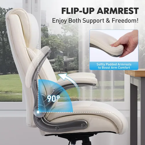 Vista 4 de MALOL 300lbs Ergonomic PU Leather Office Chairs, High-Back y Home Computer Executive Chair with Lumbar Support and Flip-Up Arms, Beige