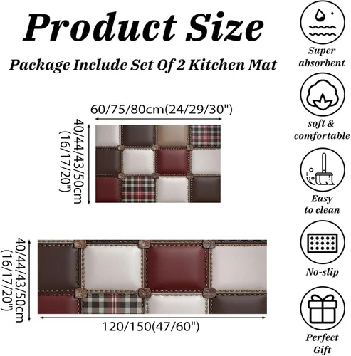 Vista 2 de Reddish Brown Kitchen Rugs, 3D Leather Patchwork Non Skid Washable Comfort Mats for Floor, Anti Fatigue Kitchen Cushioned Runner Rug Retro Plaid