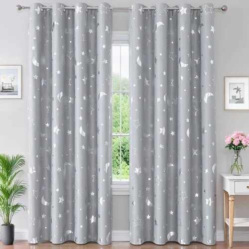 Vista 17 de WUBODTI Cortinas grises 100% opacas con diseño de estrellas para habitación de niños, 45 pulgadas de largo, juego de 2 paneles de cortinas