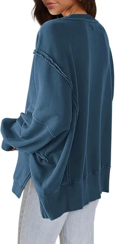 Vista 3 de Nirovien Sudadera de gran tamaño con cuello redondo para mujer, con abertura lateral, manga larga, ajuste holgado