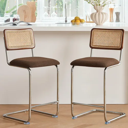 GrandNoor Juego de 2 taburetes de ratán natural de altura de mostrador con respaldo de madera maciza, taburetes de bar Cesca modernos de mediados de