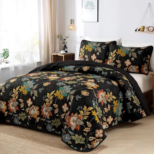 Vista 2 de WONGS BEDDING Juego de colcha tamaño Queen, juego de ropa de cama con estampado botánico negro, 3 piezas, colcha floral con 2 fundas de almohada