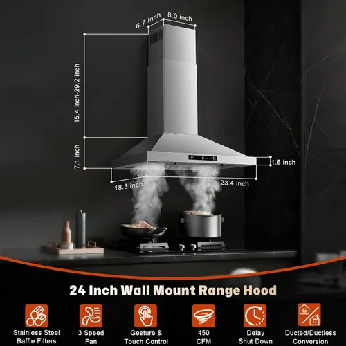 Vista 2 de Campana Extractora de 24 Pulgadas, Campana Extractora Conducto/Sin Conducto 450CFM, Campana Extractora de Cocina de Montaje en Pared en Acero