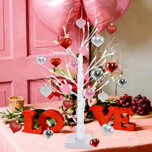 Vista 4 de 48 adornos de corazón para decoraciones del día de San Valentín, 2 tamaños de adornos en forma de corazón para árbol de Navidad de San Valentín