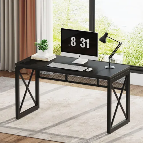 Vista 6 de BON AUGURE Escritorio negro para computadora, escritorio moderno para juegos, escritorios de oficina de madera industrial, escritorios de escritura