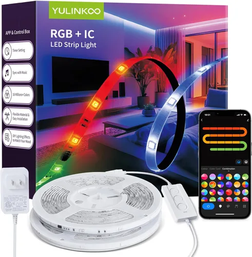 Tira de luz LED RGB+IC, luz LED inteligente de 16.4 pies para dormitorio, control de aplicación Bluetooth, tira de iluminación LED que cambia de
