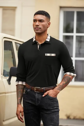 Vista 7 de COOFANDY Polo de manga larga para hombre, estilo casual, con botones, a cuadros, cuello de golg, con bolsillo
