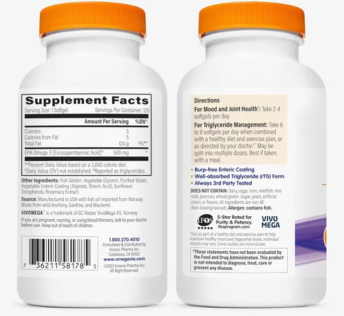 Vista 8 de OmegaVia Aceite de pescado EPA 500 Omega-3, 120 cápsulas, 500 mg de EPA/píldora, fórmula EPA de alta pureza (forma de triglicérido), certificado