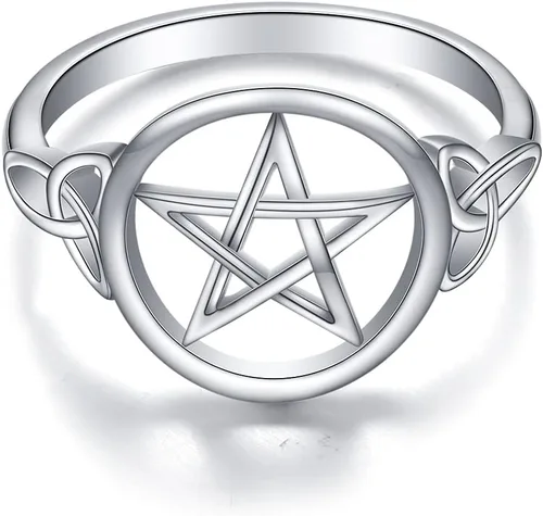 Anillo de plata de ley S925 con amuleto de pentagrama de pentáculo, nudo celta, estrella y bruja, joyería para mujeres y hombres