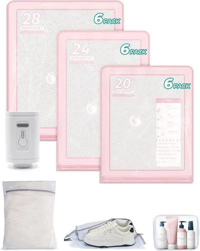 Vista 14 de BAGSMART Bolsas de almacenamiento al vacío con bomba portátil, bolsas de ahorro de espacio de viaje para ropa, bolsas de compresión resistentes