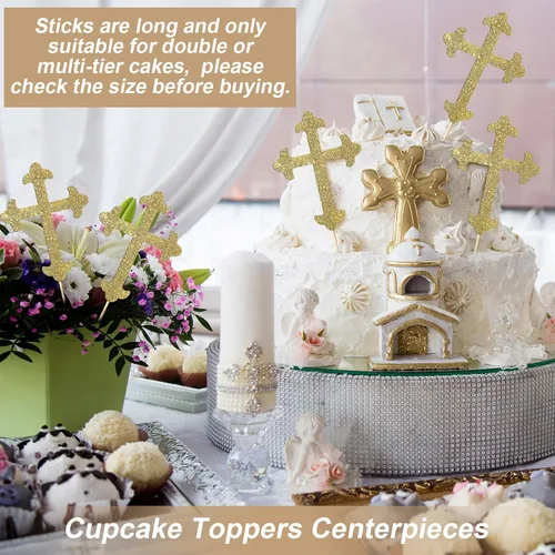 Vista 4 de Menkxi 30 piezas de centros de mesa de bautismo con purpurina dorada de 10 pulgadas, cruz de doble cara para baby shower, centros de mesa