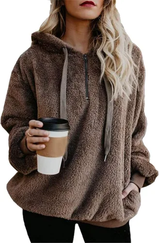 ReachMe - Sudadera con capucha para mujer, de gran tamaño, de Sherpa, con bolsillos, de forro polar, chaqueta a cuadros esponjosa 0 Marrón