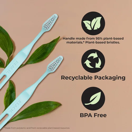 Vista 2 de Reach Clean World Cepillo de dientes a base de plantas, cerdas suaves, apto para veganos, embalaje reciclable, 3