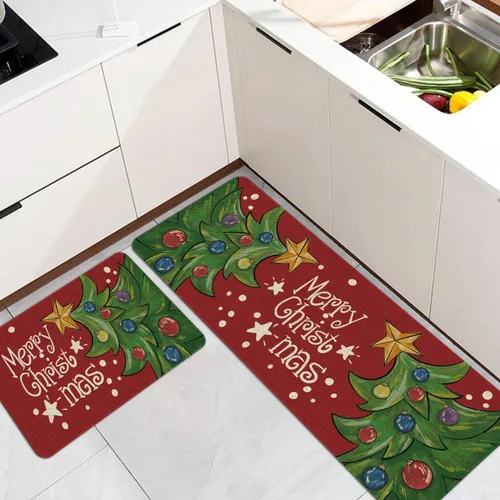 Vista 4 de Mloabuc Juego de 2 tapetes de cocina con texto en inglés "Merry Christmas", antifatiga, impermeables, resistentes a las manchas, color azul