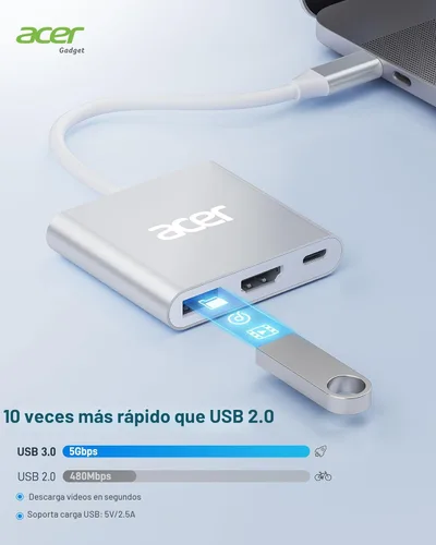 Vista 5 de Acer Adaptador USB C a HDMI, concentrador USB C multipuerto 4K con PD de 100W, puerto USBA 3.0, convertidor de audio y video digital multipuerto
