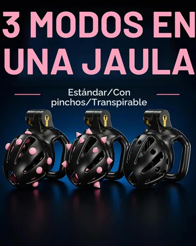 Vista 2 de Jaulas de castidad masculina para hombres, jaula pequeña para pene con puntos de masaje de silicona, ligera impresa en 3D, anillos de 5 tamaños Negro
