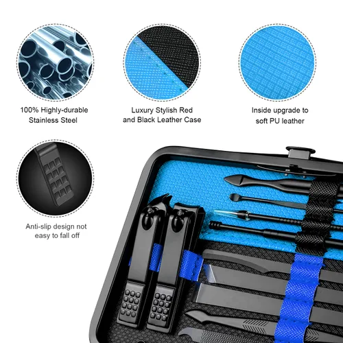 Vista 5 de Cortaúñas profesional de acero inoxidable, kit de viaje y aseo para uñas, herramientas de manicura y pedicura, juego de 18 piezas con estuche