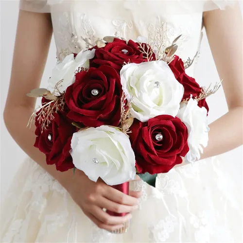 Ramos de Boda para Novia y Dama de Honor, Ramo de Rosas Artificiales en Vino Rojo y Blanco para Decoración de la Iglesia y el Hogar Borgoña + Blanco