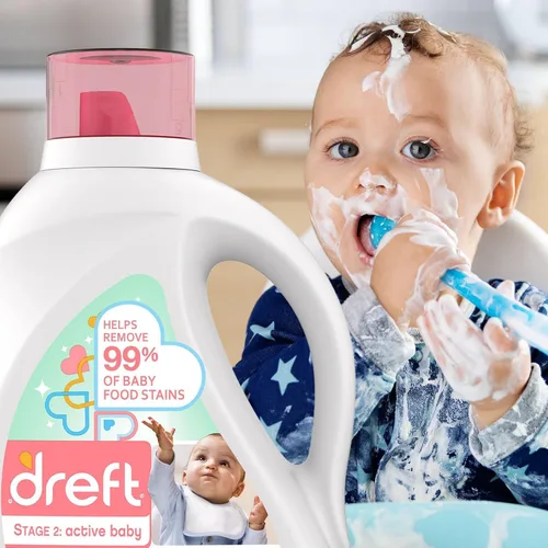 Vista 3 de Dreft Detergente activo para ropa para bebés (HE) - Etapa 2 Active Baby, ayuda a eliminar el 99% de las manchas de alimentos para bebés - 114 cargas