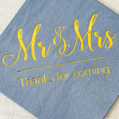 Vista 4 de Crisky Servilletas de boda color azul polvoriento, Mr & Mrs - Servilletas de postre doradas para cóctel, decoración de fiesta de compromiso
