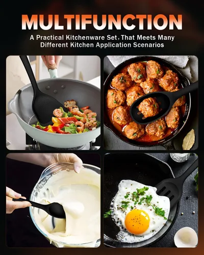 Vista 3 de Juego de utensilios de cocina de silicona, perfectamente angulados para freír, mezclar, servir, drenar, voltear y revolver, silicona mate libre