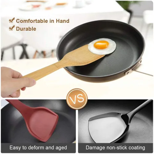 Vista 4 de Juego de 6 utensilios de madera de bambú, cuchara de cocina de madera, herramientas de cocina para ollas y sartenes antiadherentes, espátula