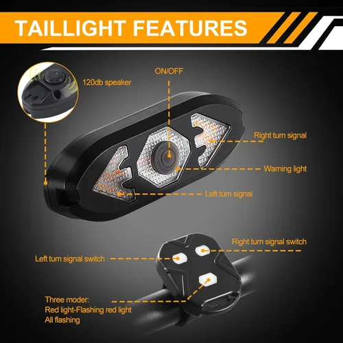 Vista 4 de Luz trasera de bicicleta recargable por USB, luces direccionales de bicicleta con control remoto, luz trasera impermeable de advertencia