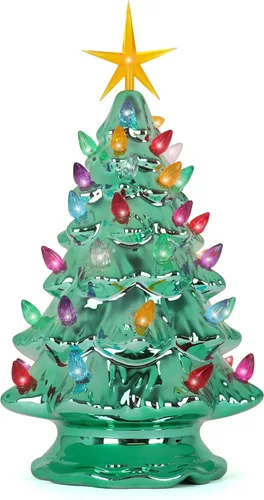 Milltown Merchants Ceramic Christmas Tree - Tabletop Tree with Lights - (11.5" Pearl Emerald Christmas Tree/Multicolored Lights) - Lighted Vintage