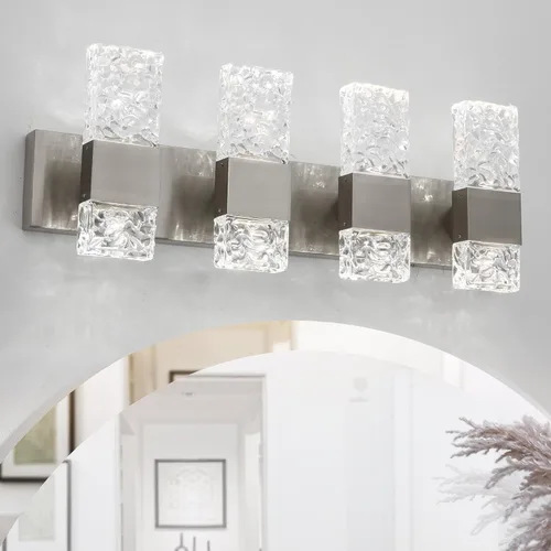 Vista 15 de Modernas lámparas LED de tocador de baño de acero inoxidable cromado, 3 apliques de pared para iluminación de baño, fusión sobre espejo, 21.5