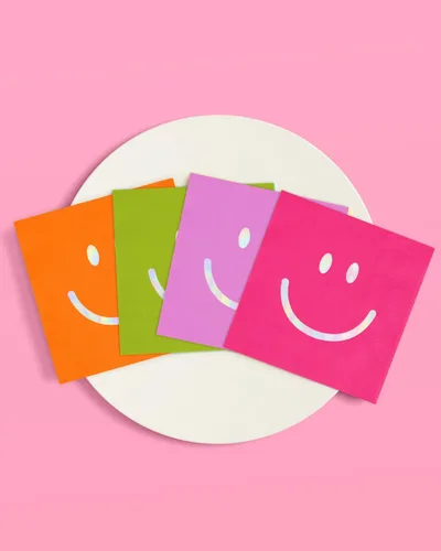 Vista 5 de xo, Fetti Servilletas de fiesta sonriente, 3 capas, 24 piezas, decoraciones de fiesta de cumpleaños con diseño de arco iris, lindas servilletas